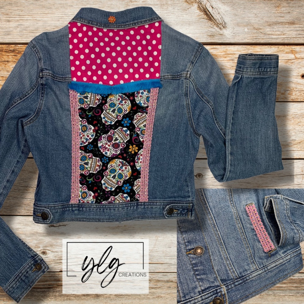 Sugar Skull Denim Jacket Day Dead Boho Mexican Folk Holidays Dia de Los Muertos